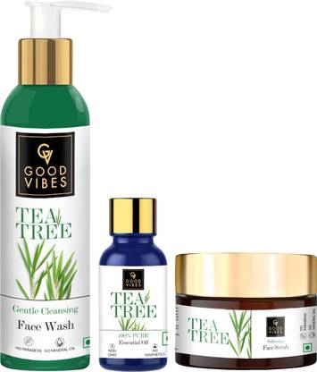 GOOD VIBES Tea Tree Purifying Face Cleansing Range (Face Scrub 50 g, Face Wash 120 ml, 100% Pure Essential Oil 10 ml) (Set of 3)
