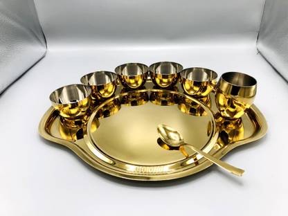 SILVERGLOW Steel Stainless steel Gold Coated Luxury dinner set- 1 Plate, 5 Bowls, 1 Spoon and 1 Glass. (8 pcs set) Dinner Set
