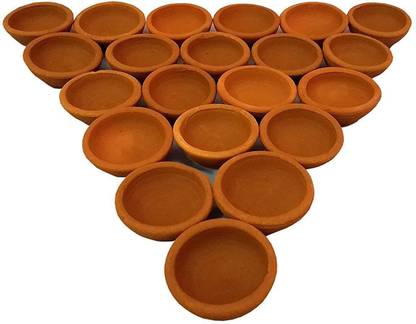 Kenware Hand Made Clay Mitti Diya ; Deepak Oil Lamp for Diwali Festival ; Hindu Pooja Article ; [Handicraft Terracotta Deepak] with Raw Cotton Long Wicks ; Lambi Batti [Set of 21] Terracotta (Pack of 21) Table Diya Set