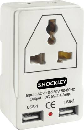 shockley Dual 2 USB Travel Charger -3 Pin & 2 Pin Universal Socket 2.4Amp 5V Worldwide Adaptor Adapter Worldwide Adaptor 2 Outlet Universal multi plug with 2 USB Charging Port (Pack of 1) Three Pin Plug