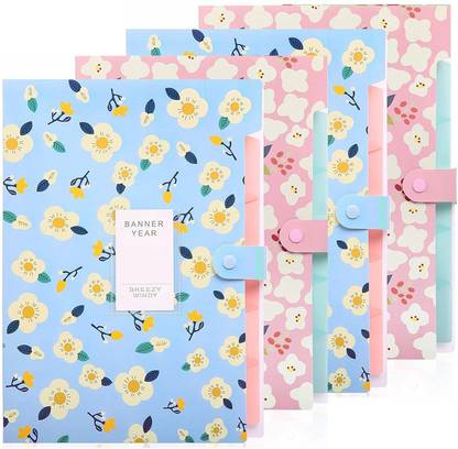 Corslet 4 Pcs File Folder A4 Size 5 Pocket Floral Plastic Certificate Paper Expanding File Folder for Documents Organizer Office A4 Size Folder