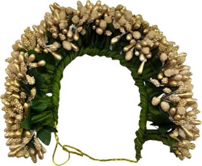 S Mark Smark Grand Looking Bridal Flower and Perlas design Bun Hair Gajra Accessories For South Indian Wedding, Juda Decoration Gajra, Pack Of 1 (Golden) Hair Accessory Set Bun Clip