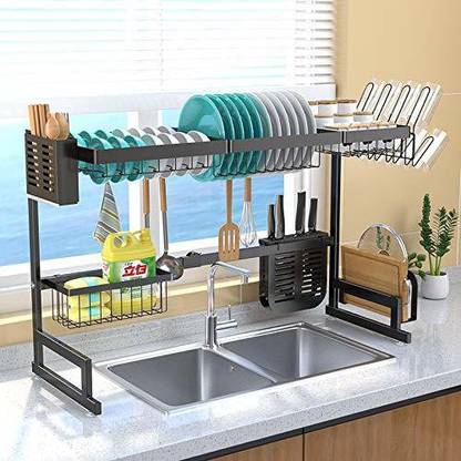 Rhydon Dish Drainer Kitchen Rack Steel Over The Sink Dish Drying Rack Adjustable Fit Sink Size 2 Tier Large Dish Rack Drainer Shelf Kitchen Organizer
