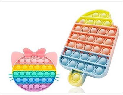 WHITE POPCORN Bubble Fidget Sensory Toy with Simple Dimple Mini Keychain - Silicone Fidget Popper for Stress Relief, Autism and Anti-Anxiety | Rainbow Pop It Up for Kids and Adults (Ice Cream and Kitty)