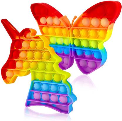 WHITE POPCORN Bubble Fidget Sensory Toy with Simple Dimple Mini Keychain - Silicone Fidget Popper for Stress Relief, Autism and Anti-Anxiety | Rainbow Pop It Up for Kids and Adults (Unicorn and Butterfly)
