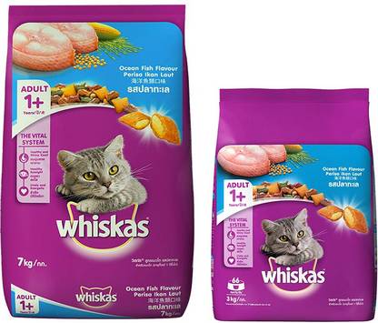 Whiskas Ocean Fish, 7+3 kg,Dry Cat Food (Adult 1+ years) Fish 10 kg (2x5 kg) Dry Adult Cat Food