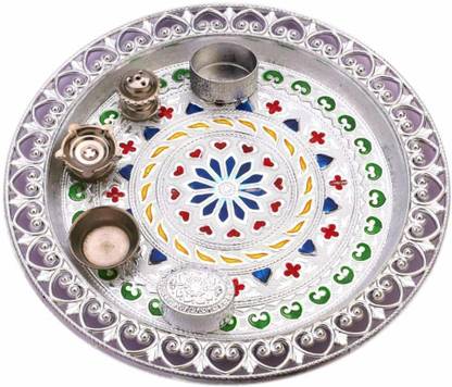 HARI KRISHNA Akruti Creation Silver Plated Laxmi And Ganesh Pooja Thali Set Multicolor stylish Look Attractive Decoration Stainless Steel