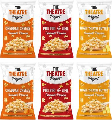 THE THEATRE Project Blockbuster Combo Pack Of Gourmet Popcorn with 3 Flavours (Cheddar Cheese X 2, Movie Theater Butter X 2, Piri Piri & Lime X 2) - (32 gms X 6) - Movie & Tea Time Snack Cheddar Cheese, Movie Theater Butter, Piri Piri & Lime Popcorn