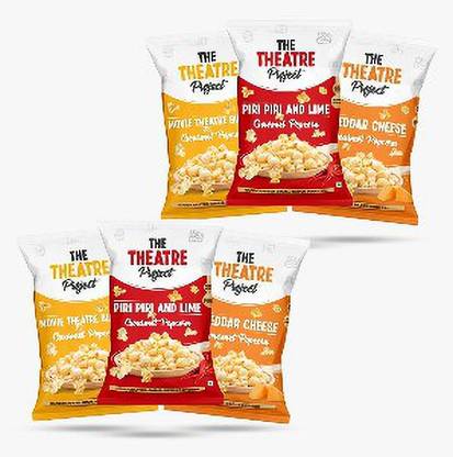 THE THEATRE Project Blockbuster Combo Pack Of Gourmet Popcorn with 3 Flavours (Cheddar Cheese X 2, Movie Theater Butter X 2, Piri Piri & Lime X 2) - (64 gms X 6) - Movie & Tea Time Snack Cheddar Cheese, Movie Theater Butter, Piri Piri & Lime Popcorn