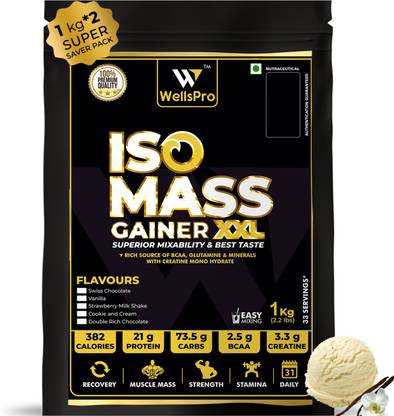 WellsPro ISO MASS Gainer XXL Protein Powder 2kg [66 Servings] with BCAA Glutamine Creatine Weight Gainers/Mass Gainers