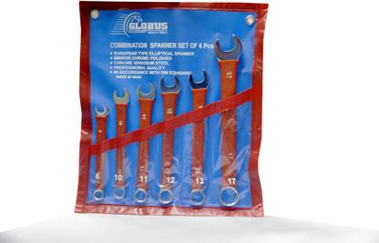 Globus ELLIPTICAL MODEL , MIRROR CHROME FINISH, SET/6 (8-17) NON SLIP SLEEVE Double Sided Combination Wrench