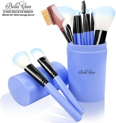 Bella Ciao Professional 12 Piece Face and Eye Makeup Brush Set With Storage Barrel - Blue