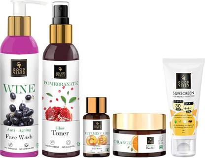 GOOD VIBES Skincare Regime For Younger Looking Skin (Wine Anti-Ageing Face Wash 120 ml, Pomegranate Toner 120 ml, Vitamin C & B3 Skin Glow Face Serum 10 ml, Orange Face Gel 50 g, Sunscreen with SPF 30 - 50 g)