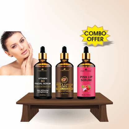 PARK DANIEL Premium Vitamin B3 Facial Serum, Nail & Cuticle Growth Oil & Pink Lip Serum Oil Combo Pack of 3 Bottles of 30 ml(90 ml)