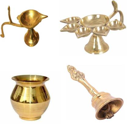 Riddhi Eenterprises Mathura combo of panch aarti diya (Deepak),ek aarti diya,Pooja ghanti and lota (Diya 2.5 +1.5 inch ) (pack of 4 item) Brass