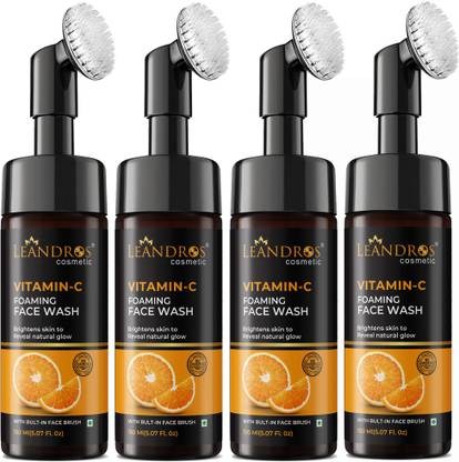 leandros Brightening Vitamin C Foaming  with Built-In Face Brush for Deep Cleansing - No Parabens, Sulphate, Silicones & Color, 150 ml Pack Of 4(for Women and Men) Face Wash