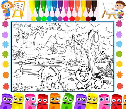 FunBlast Jungle Theme DIY Coloring Mat for Kids, Reusable & Washable Sketch Drawing Mat for Kids – Large Size: 38 X 27 Inches