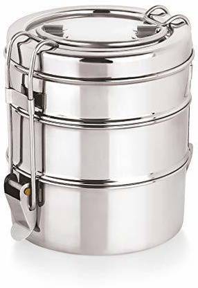 Gildan Clipper Stainless Steel Tiffin Box | Silver | Set of 3 Box | Everyday use Home Office Steel Lunch Box 3 Containers Lunch Box