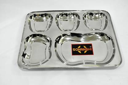 Sonanshi Apple Shape Bowl Stainless Steel Lunch/Dinner Plate/Bhojan Thali 5 in 1 Compartments Dinner Plate
