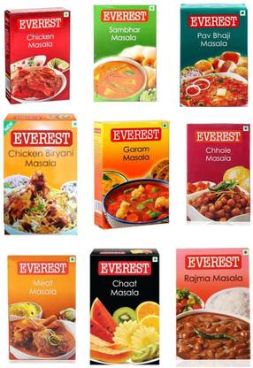 EVEREST Masala Combo of 9 ( Chaat Masala 100gms/ / Sambhar Masala 100gms/Pav Bhaji Masala 100gms/ Garam Masala 100gms/ Chhole Masala 100gm/ Rajma Masala 100gm/ Chikan Biryani Masala 100gms/ Chicken Masala 100gm/ Meat Masala 100gms) (Pack of 9)