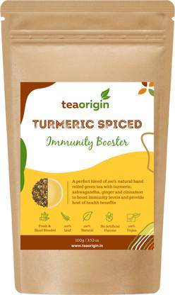 Tea Origin Turmeric Spiced Tea | 100% Natural Ingredients- Whole Leaf Green Tea Leaves, Turmeric, Ashwagandha | Enhanced Immunity & Metabolism | 100gm Serves 50+ Cups Turmeric Tea Blend Pouch