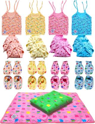 V.B.K Baby Boy and Baby Girl Daily Life Essential Cloth Combo Pack / Baby Shower Gift Set With Jhabla (4 Piece), Nappy (Langot) (Cloth Diaper) (8 Piece), Hand Mittens (Gloves) (4 Pair), Leg Booties (Socks) (4 Pair) and Baby Bed Protector Sheets / Diaper Changing Mat (Waterproof) (2 pcs), Pure Organic Hosiery Soft Fabric, 0 to 6 Months