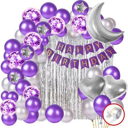 Balloon&You Birthday Decorations, Birthday Ka Saman, Happy Birthday Balloons Decorations Set – 50Pcs Bday, Heart – Moon Foil Balloon, Purple Silver Metallic Balloons, Foil Curtain, Confetti – Theme Decoration for Husband, Wife Brithday Celebrate Ka Saman