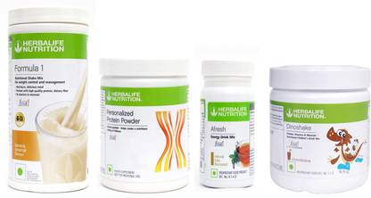 HERBALIFE Special Weight Loss & Children Health Combo ( Formula 1 Shake Mix - Banana Caramel Flavor + Personalized Protein Powder 200 Gram + Afresh Energy Drink Mix - Tulsi Flavor + Dinoshake Kids Drink Mix - Chocolate Flavor For Children's Health ) Combo Pack Of 4 PIECES Combo