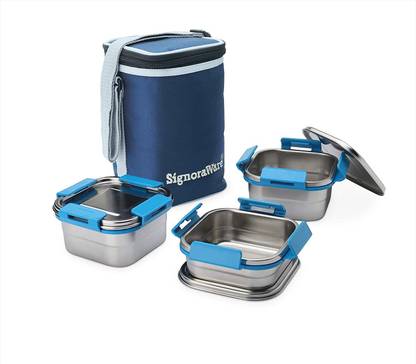 Signoraware 3549 Director Squarex Steel Lunch Box with 100% Steel lids and Bag, 500ml+350ml+350ml, Set of 3, (Colour May Vary ) Multicolour 1 Containers Lunch Box