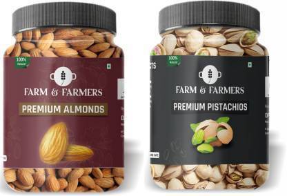 Farm & Farmers Almonds + Pista Dry Fruits Combo Pack Of (250Gm Badam + 250GM Pista) Value Jar Pack - Perfect Healthy Morning Snacks and Good for Health Almonds, Pistachios