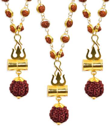 Prabhu Bhakti Lord Shiva Trishual Damru Rudraksha Gold Plated Pendent With Rudraksha mala pack of 3 Gold-plated अलॉय पेंडेंट सेट