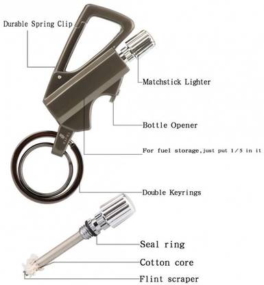 Explorer ™3 in 1 Key Chain Matchstick Lighter Creative Bottle Opener, Silver Carabiner Permanent Match Striker lighter Waterproof Survival Tool Keychain Cigarette Lighter
