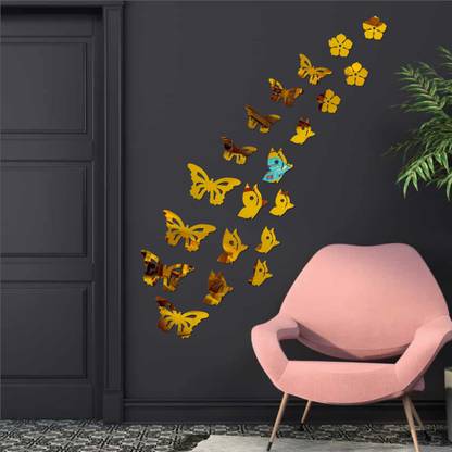 KITTY DIVINE 45 cm 20 Big Butterfly Golden wall mirrors|acrylic stickers|858 Self Adhesive Sticker