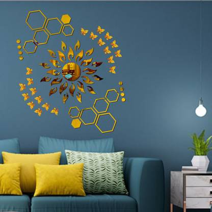 BEST DECOR 50 cm Sun 20 Hexagon Shap Golden 20 Butterfly-BD863 Glow in the Dark Sticker