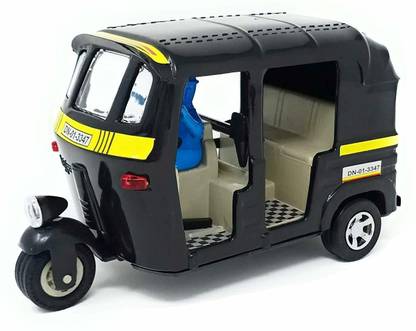 Congo Pull Back auto Rickshaw Toy in Big Size for Kids, 1:14 Miniature Scale die-cast Model Toy 3 Wheeler Vehicle for Public Transport, Black Color