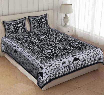 Jetri 120 TC Cotton Double Jaipuri Prints Flat Bedsheet