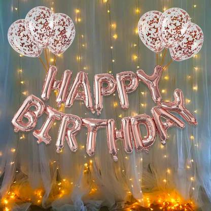 Prihit Rose Golden BD Decorations Kit, Happy BD Balloons, BD Ka Saman