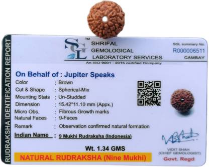 jupiter speaks 9 Mukhi Rudraksha With Lab Certificate, 100% Original Indonesia (Java) Origin Bead Size 14-18 mm Brown Color with Silk Dori Thread for Men and Women Wood Pendant