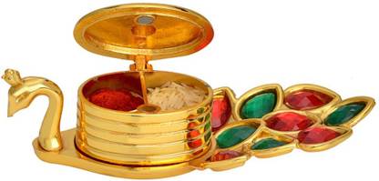 AJ Creations Roli-Chawal Tikka Box|Sindoor Kumkum Dani |Chandan-Haldi in Double Dibbi Coloured Peacock Shape for Gift, Pooja & Decorative Purpose-(Roli Chawal Pouch Included) Gold Finish Decorative Showpiece  -  3.7 cm