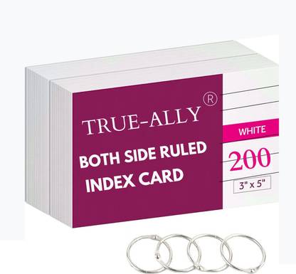 True-Ally Both side ruled Index Flash Cards - 3x5 inch, White, 200 Cards, 200 GSM - with Free Binder Rings for Short Notes, cue Cards, Cheat Sheets, exam, Interview Preparation Sketch Pad
