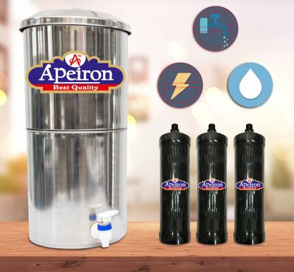 Apeiron Stainless Steel Non-Electric Water filter With 1 Carbon Candle 24 Liter Capacity Bottom Loading Water Dispenser