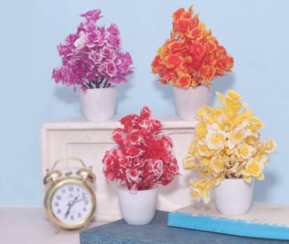 Anuash Set of 4 Pcs Artificial Unique Flower For Home Decor Bonsai Wild Artificial Plant  with Pot