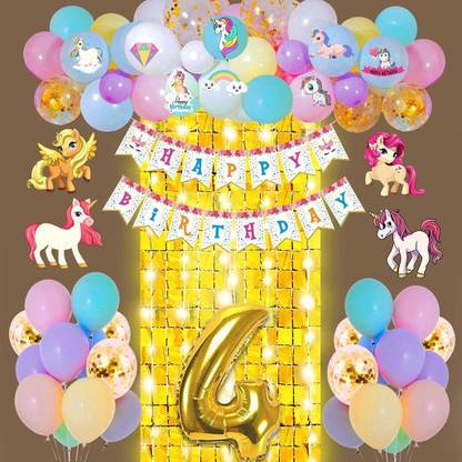 Prihit 4th Birthday Decorations Kit Unicorn Birthday Theme No. 4 Foil Balloon - 63Pcs