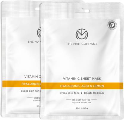 द मैन कंपनी Vitamin C Sheet Mask with Hyaluronic Acid & Lemon | Boosts Collagen, Brightening | Improves Skin Tone, Deep Cleanses & Removes Excess Oil – Pack of 2 (25ml each)