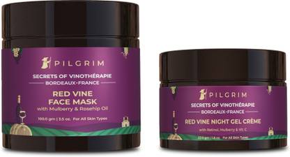 Pilgrim Lift & Firm Night Combo with Mulberry & Aloe | Red Vine Extracts Face Mask 100g, Retinol Night Gel Creme 50g | Anti-ageing | For Natural Glow & Refining Pores | For Men & Women