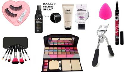 J & F 7 Pc Makeup Brush Set ( Pink / Black ) With 6155 Makeup kit , Makeup Fixer Spray , Base Tube Primer , Matte Liquid Foundation , Makeup Beauty Liquid Blender Sponge puff , Waterproof 36 Hours Sketch Eyeliner , eyelash & Curler