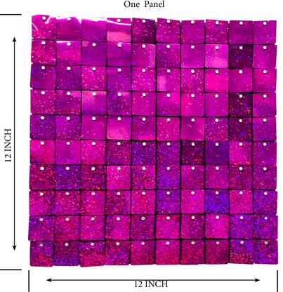 SWARGA LIGHTS GLITTER PINK WITH BLACK PLASTIC PANEL WE ARE MANUFACTURING SHIMMER & GLITTERING BACKDROP WALL SEQUIN PANEL SPECIALLY FOR DECORATION AND SIGNAGE. THIS MATERIAL IS WATET PROFF DUST PROFF AND HEAT RESISTANCE .* TO ATTRACT MANY PEOPLE, IT LOOKS AWESOME ON DAY AND NIGHT. MADE IN INDIA. PREMIUM EXPORT QUALITY PRODUCT SIZE IS 1FEET* 1 FEET AND 100 SLOTS EACH PANEL. COMBINATION OF SEQUINS SHAKING ON AIR FLOW GIVES VISUAL TREAT WITHOUT ELECTRICITY. LOW COST AND LESS MAINTAINCE. FOR REQUIRED