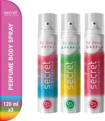 secret temptation Te Amo Dazzle, Petal and Sparkle No Gas Perfume Body Spray Perfume Body Spray – For Women  (360 ml, Pack of 3) at Rs. 303