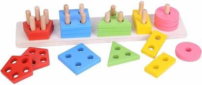 Little Mind 5 Angle Geometric Shapes Wooden Puzzle Sorting & Stacking Blocks Set for Kids