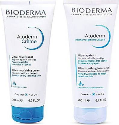 BIODERMA Atoderm Moisturizing Creme & Atoderm Gentle Skin Cleanser, for Very Dry Irritated To Atopic Sensitive Skin, 200ml - Pack of 2
